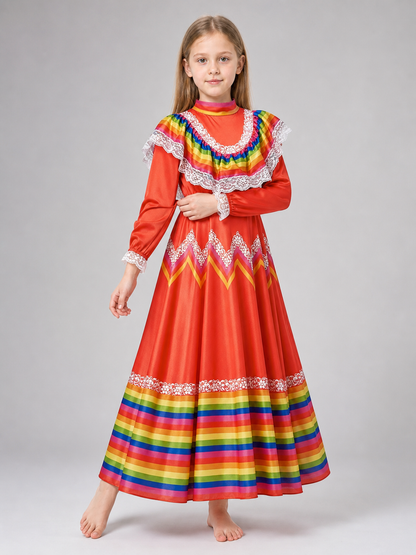 Folk Dress with Ruffles and Rainbow Inserts