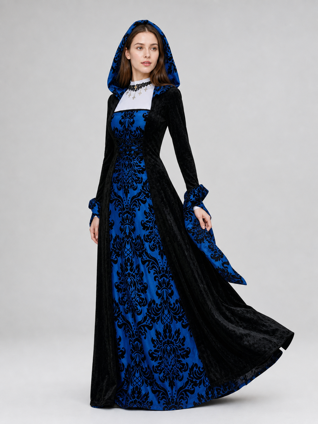 Gothic Hooded Dress with Damask Pattern