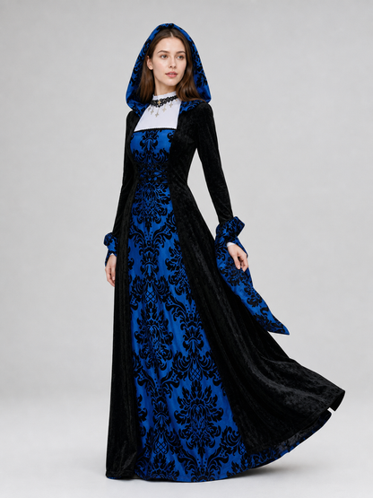 Gothic Hooded Dress with Damask Pattern