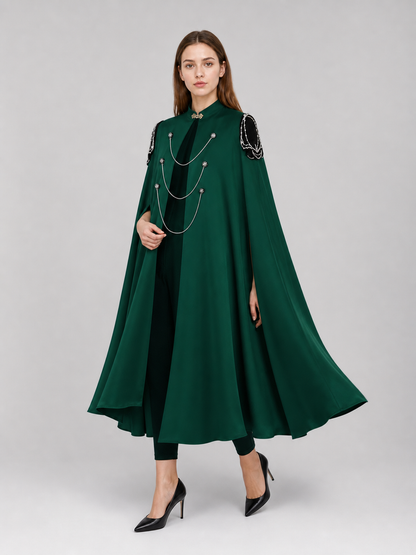 Medieval Gothic Cape Cloak, 1-Piece Sleeveless Stand Collar Front-Open Draped Costume With Metal Chain Details For Cosplay Role Play