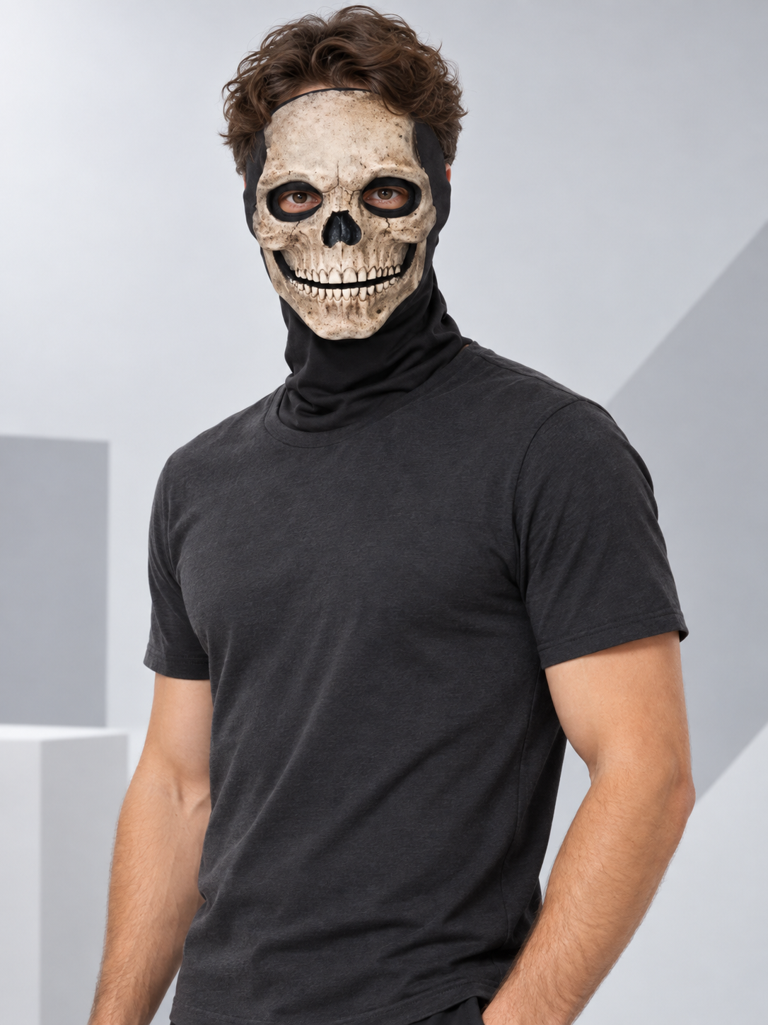 Beige Skull Mask with Movable Lower Jaw and Balaclava