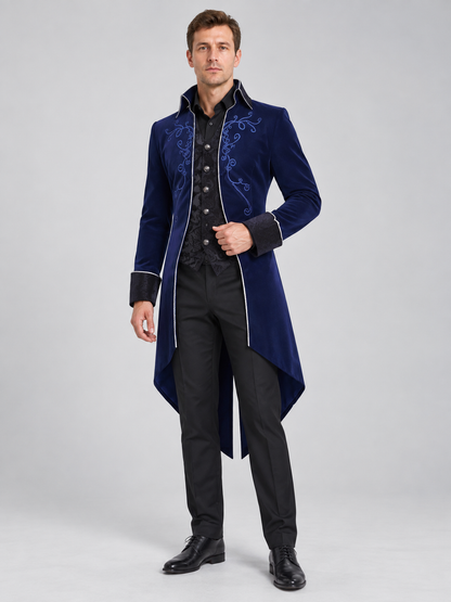 Dark Navy Long Tailcoat with Embroidery and Contrasting Cuffs