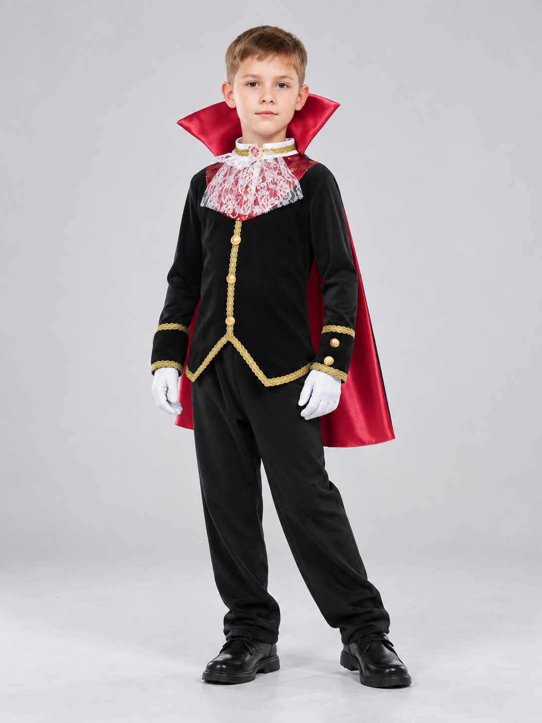 Children's Vampire Costume with Red Cape and Jabot Costume Capes detail