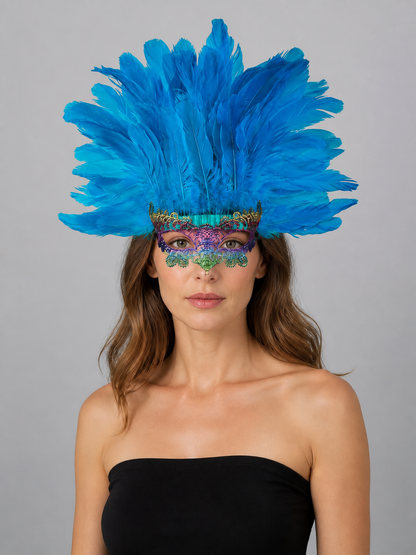 Carnival Feather Headpiece with Blue Feathers and Eye Mask Costume Masks detail
