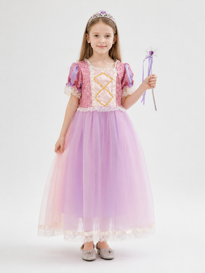 Pink-Lilac Sequin and Lace Maxi Dress