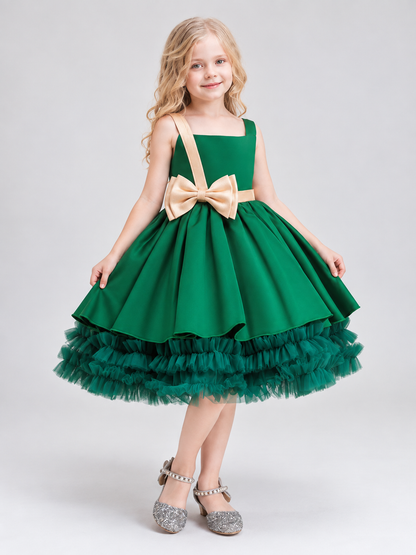 Dark Green Girls' Holiday Dress with Bow at the Waist