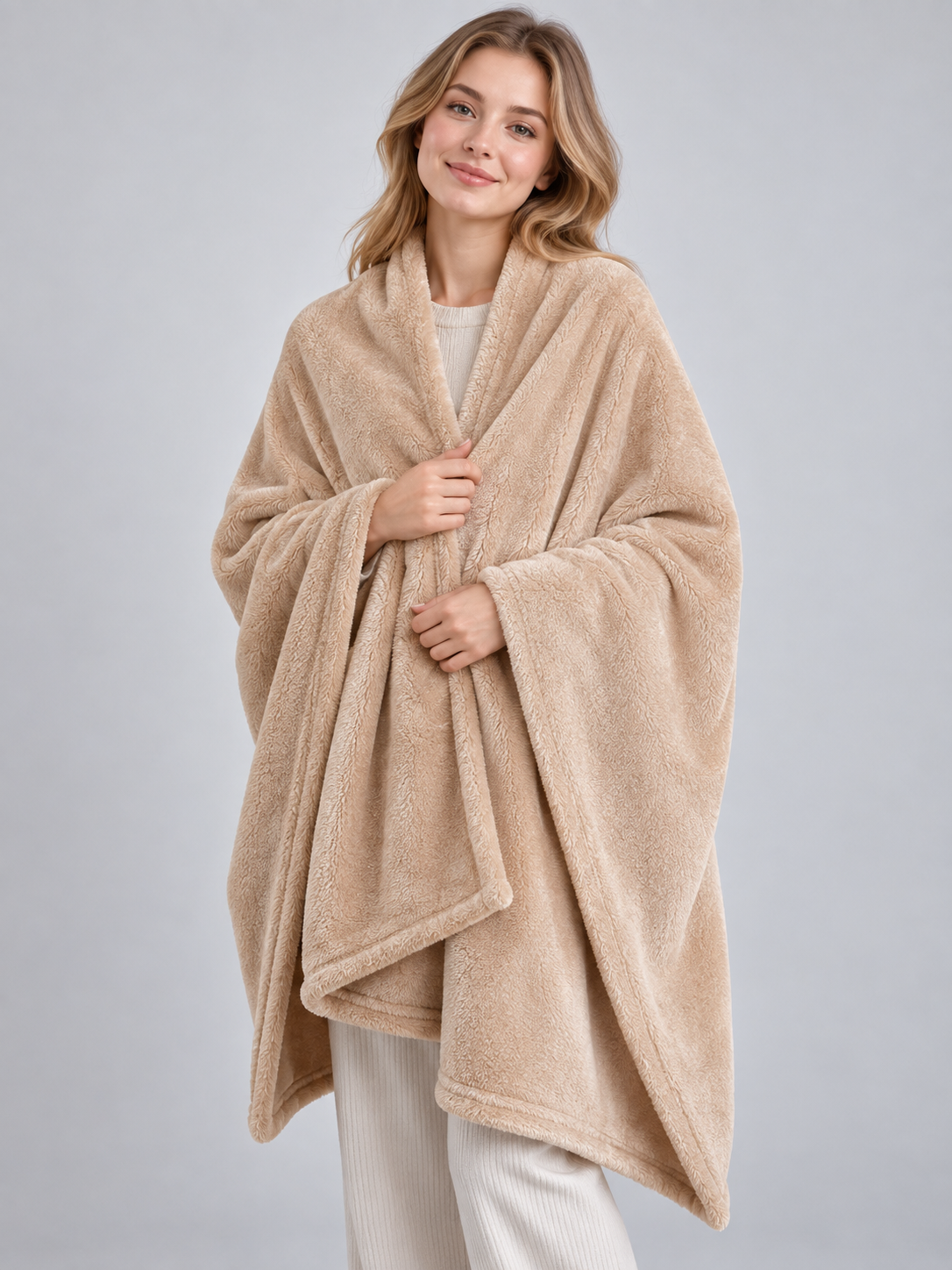 Solid Beige Polyester Throw Blanket