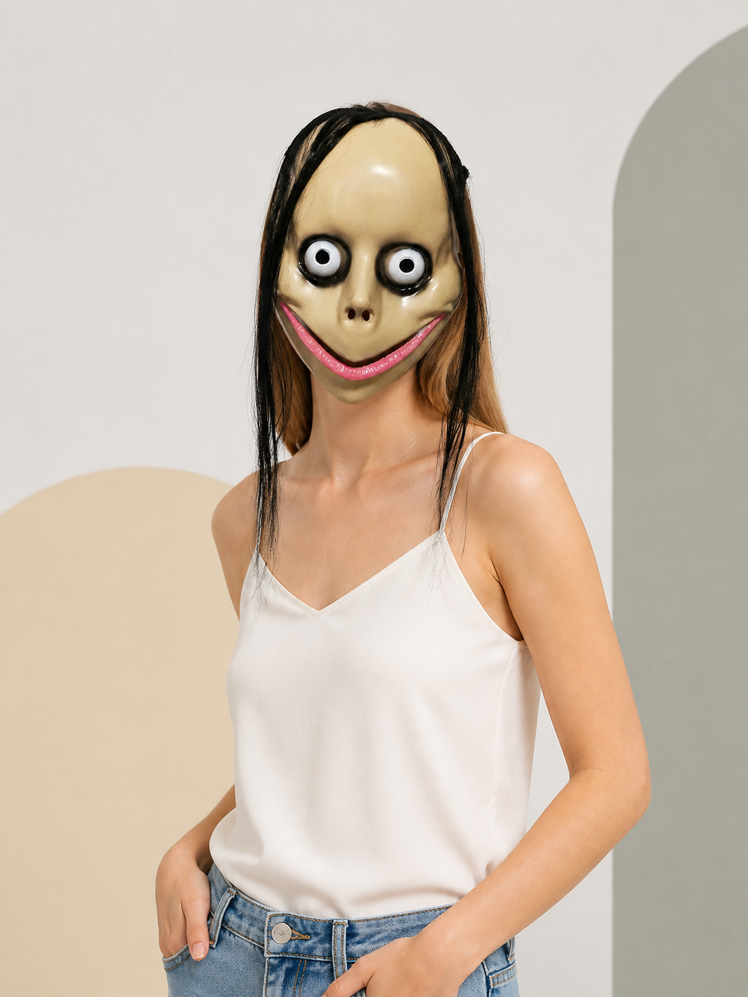 Halloween Mask with Black Hair and a Pink Mouth Costume Masks detail