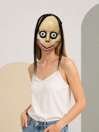 Halloween Mask with Black Hair and a Pink Mouth Costume Masks detail