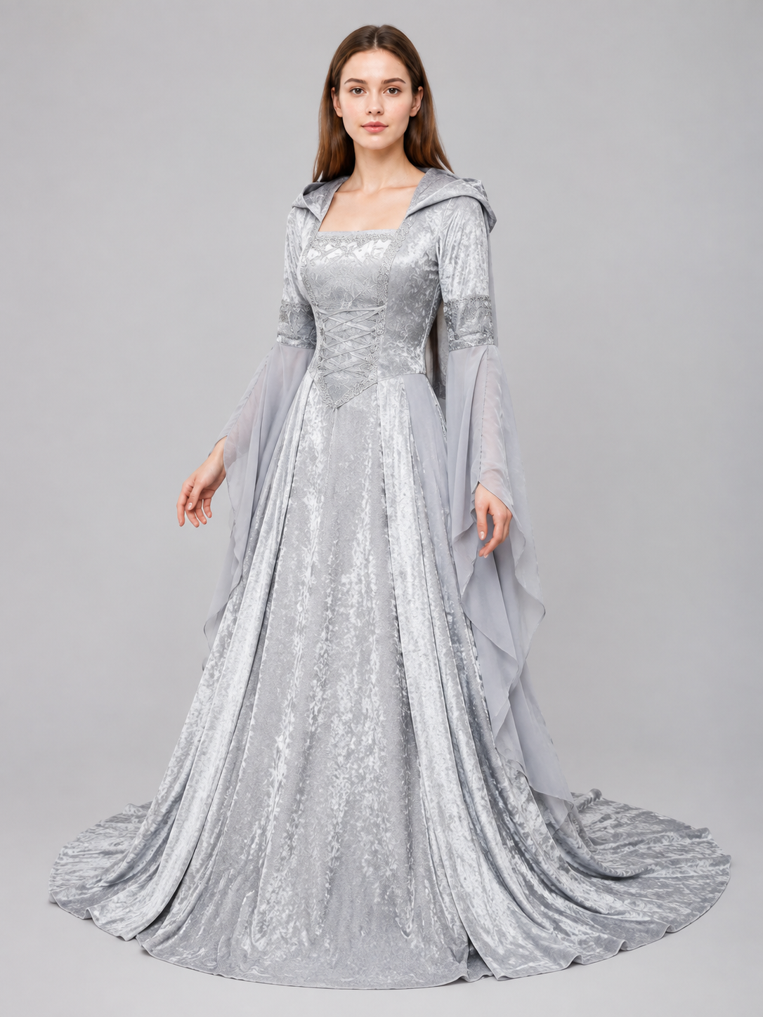 Medieval Gray Hooded Dress with Train Costume Dresses detail
