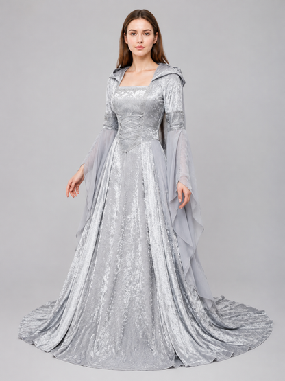 Medieval Gray Hooded Dress with Train Costume Dresses detail