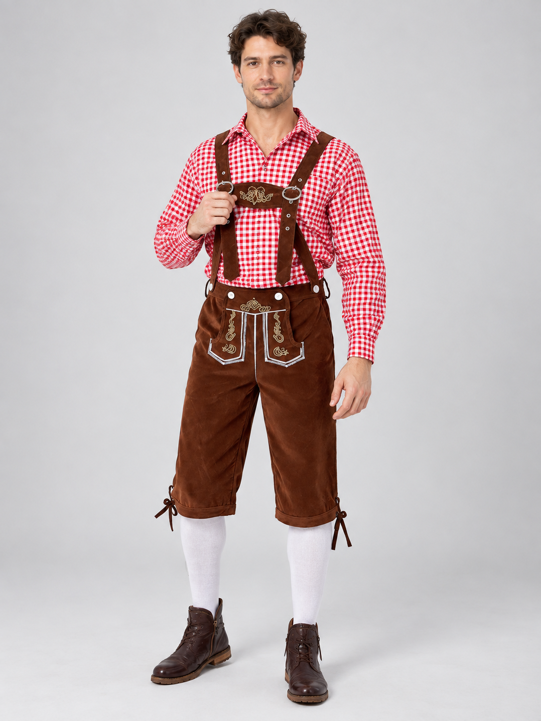Oktoberfest costume plaid shirt, pants with suspenders
