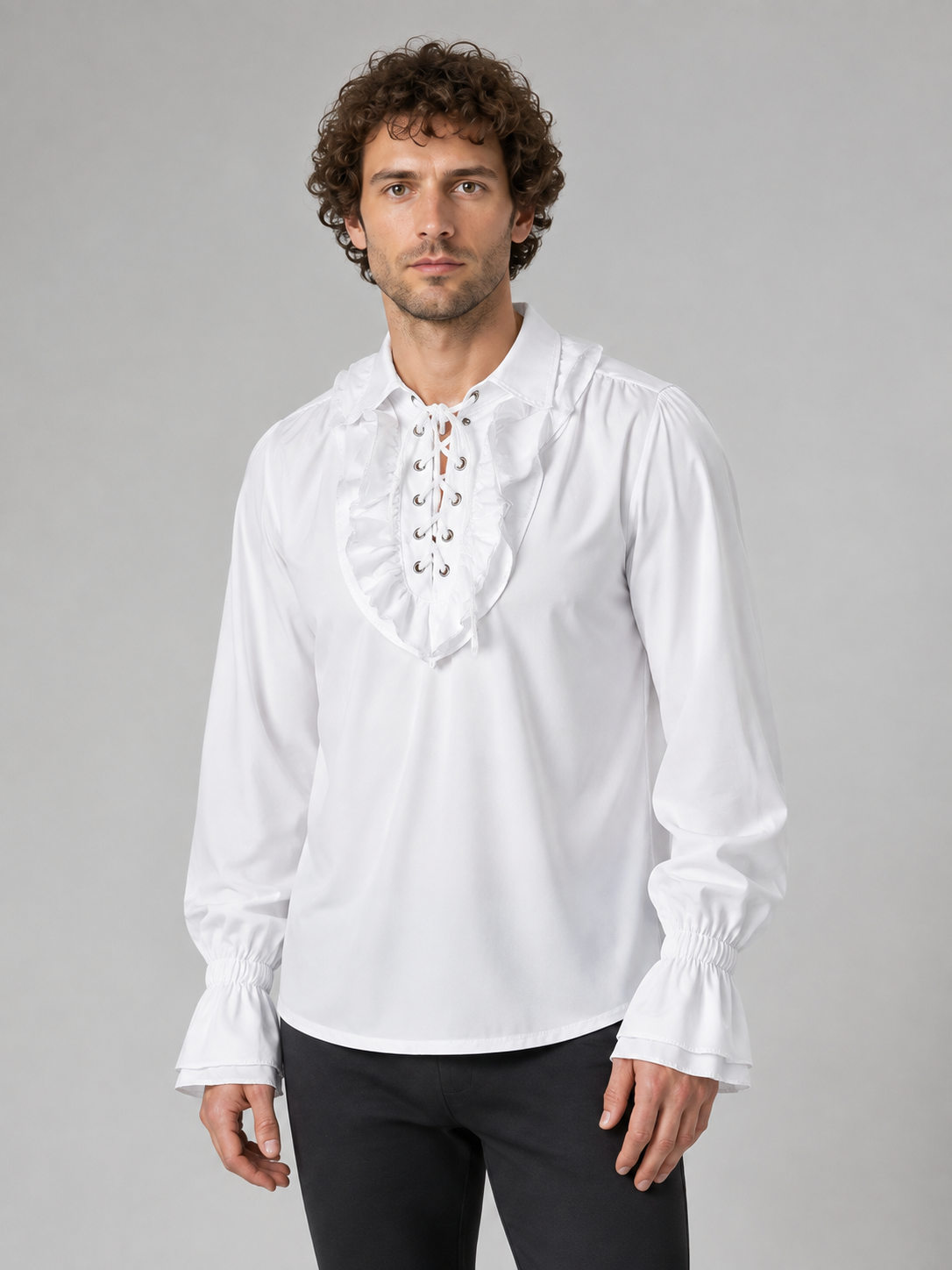 Chiffon Ruffle Blouse with Lacing and Long Sleeves product detail