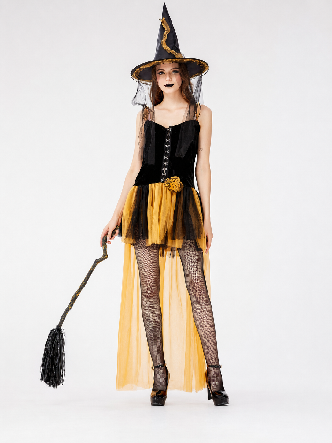 Black and Yellow Witch Costume Dress with Layered Skirt