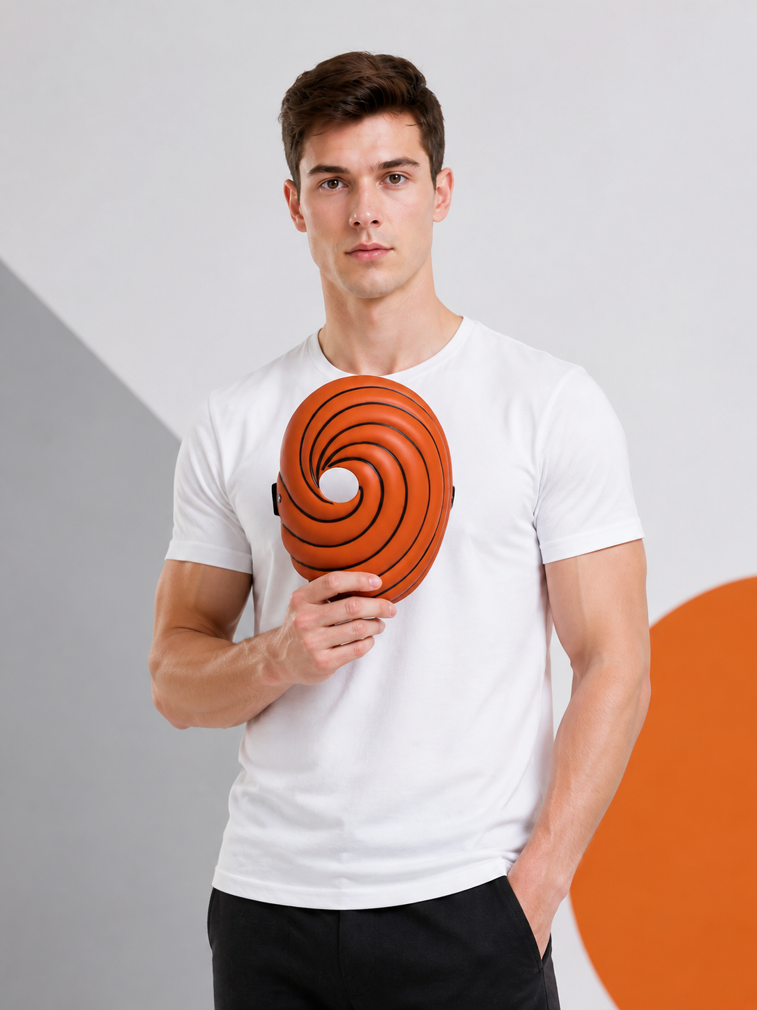Orange Carnival Mask with Black Spiral Pattern on-model front view