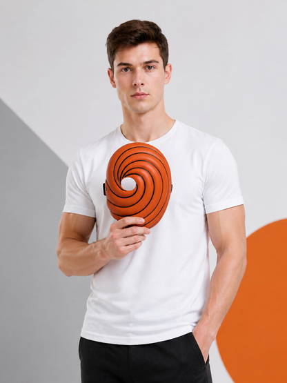 Orange Carnival Mask with Black Spiral Pattern on-model front view