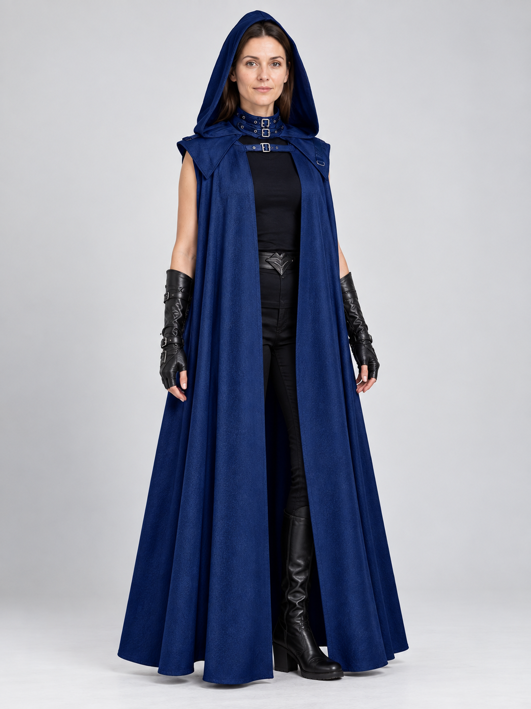 Long Hooded Cloak Cape with Buckles, Dark Blue