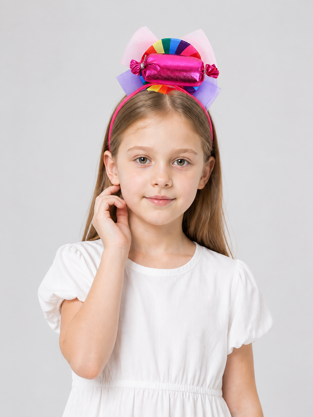 Rainbow Carnival Headband with Candy Decorations and Bow Costume Headwear detail