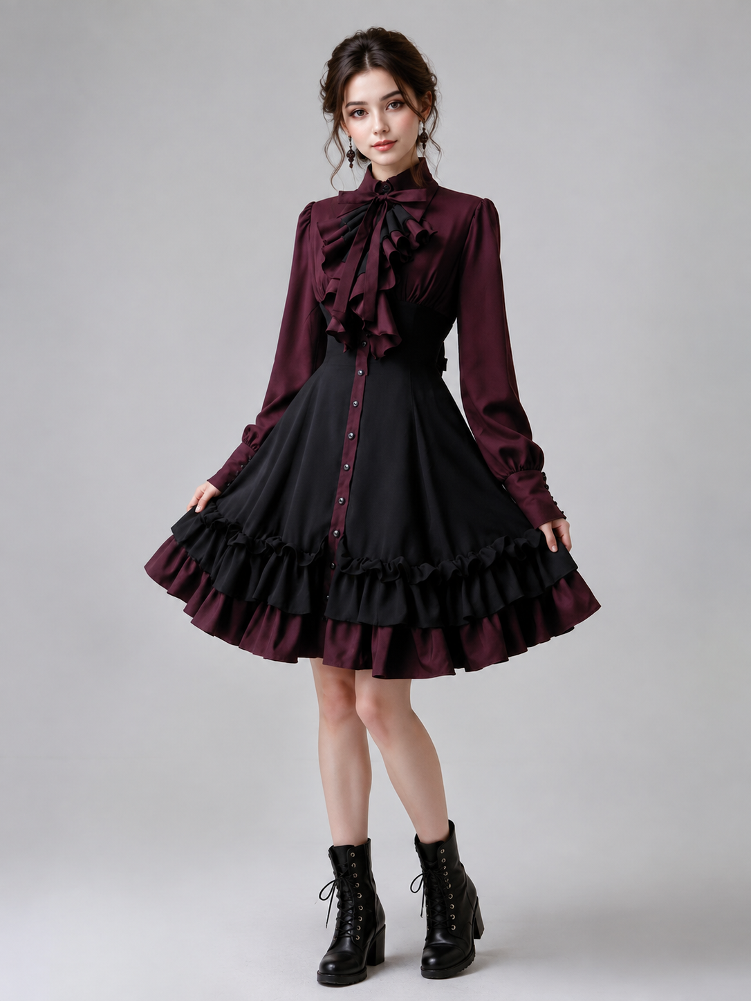 Gothic Dress with Bow, Ruffles, and High Collar Costume Dresses detail