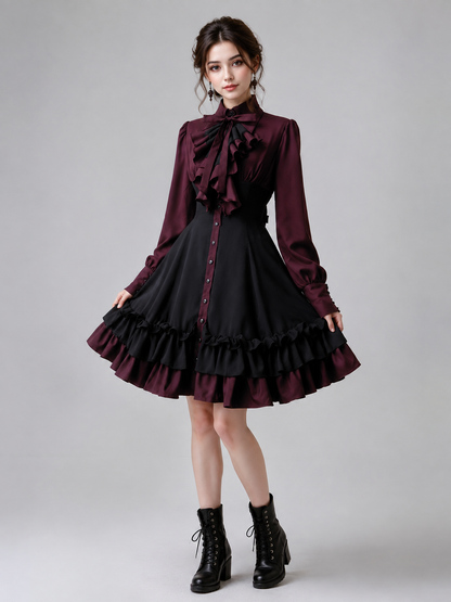 Gothic Dress with Bow, Ruffles, and High Collar Costume Dresses detail
