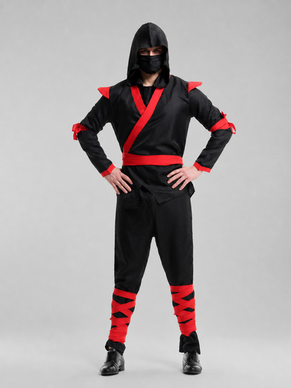 Hooded Ninja Costume with Red Ribbons