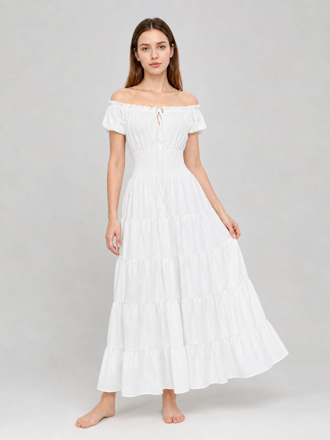 White Off-the-Shoulder Dress with Tiered Skirt