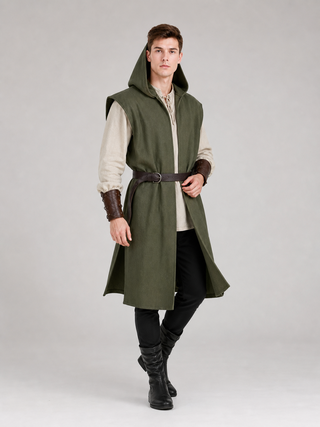 Medieval Fantasy Role Play Costume Set, 2-Piece Olive Green Hooded Sleeveless