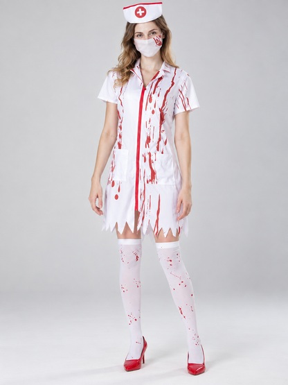 White Nurse Costume with Blood Effect, Cap, Mask
