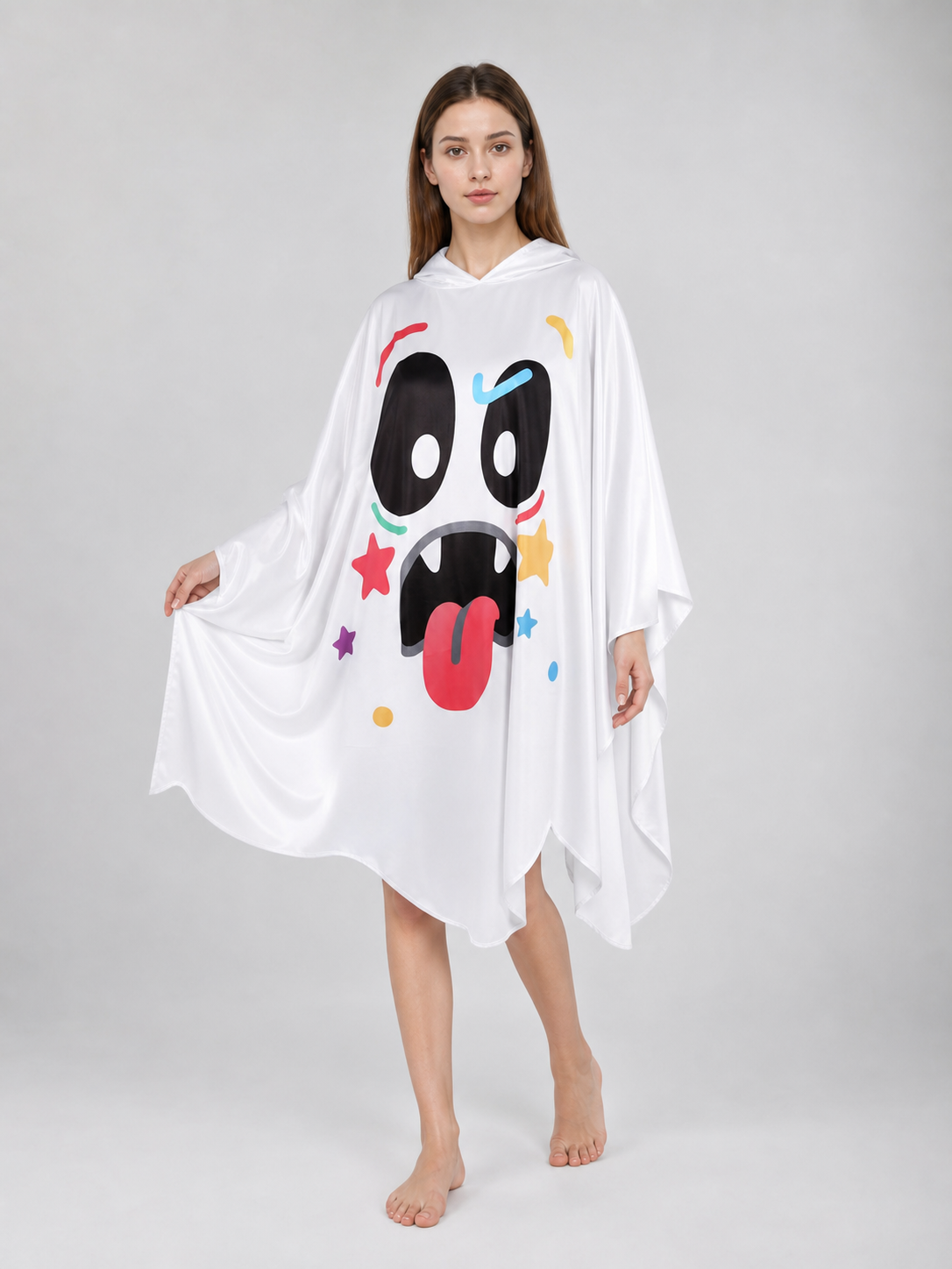 Halloween Ghost Costume Hooded Poncho with Cartoon Face Graphic, Wide Draped Sleeves and Multicolor Details for Costume Parties