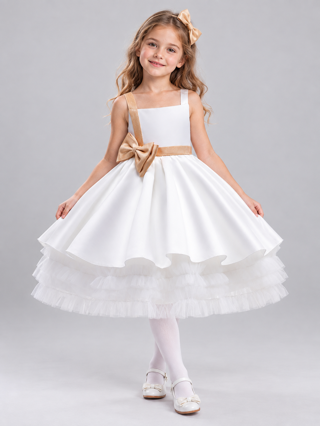 White Girls' Party Dress with Gold Bow