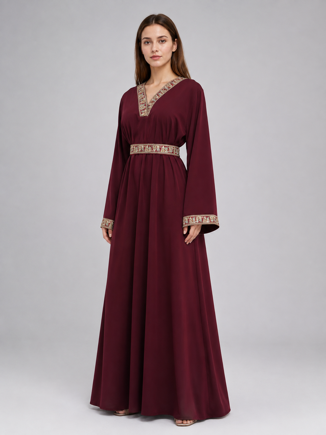 Wine-Burgundy Maxi Dress with Belt and Embroidery Costume Dresses detail