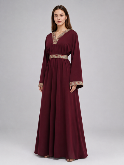 Wine-Burgundy Maxi Dress with Belt and Embroidery Costume Dresses detail