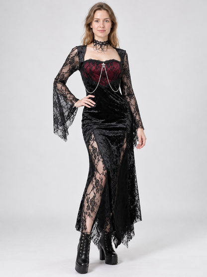 Gothic Dress Black and Red with Lace Sleeves
