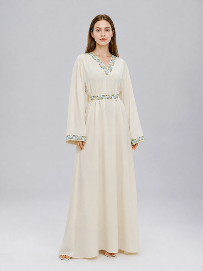 Cream floor-length dress with floral embroidery Costume Dresses detail
