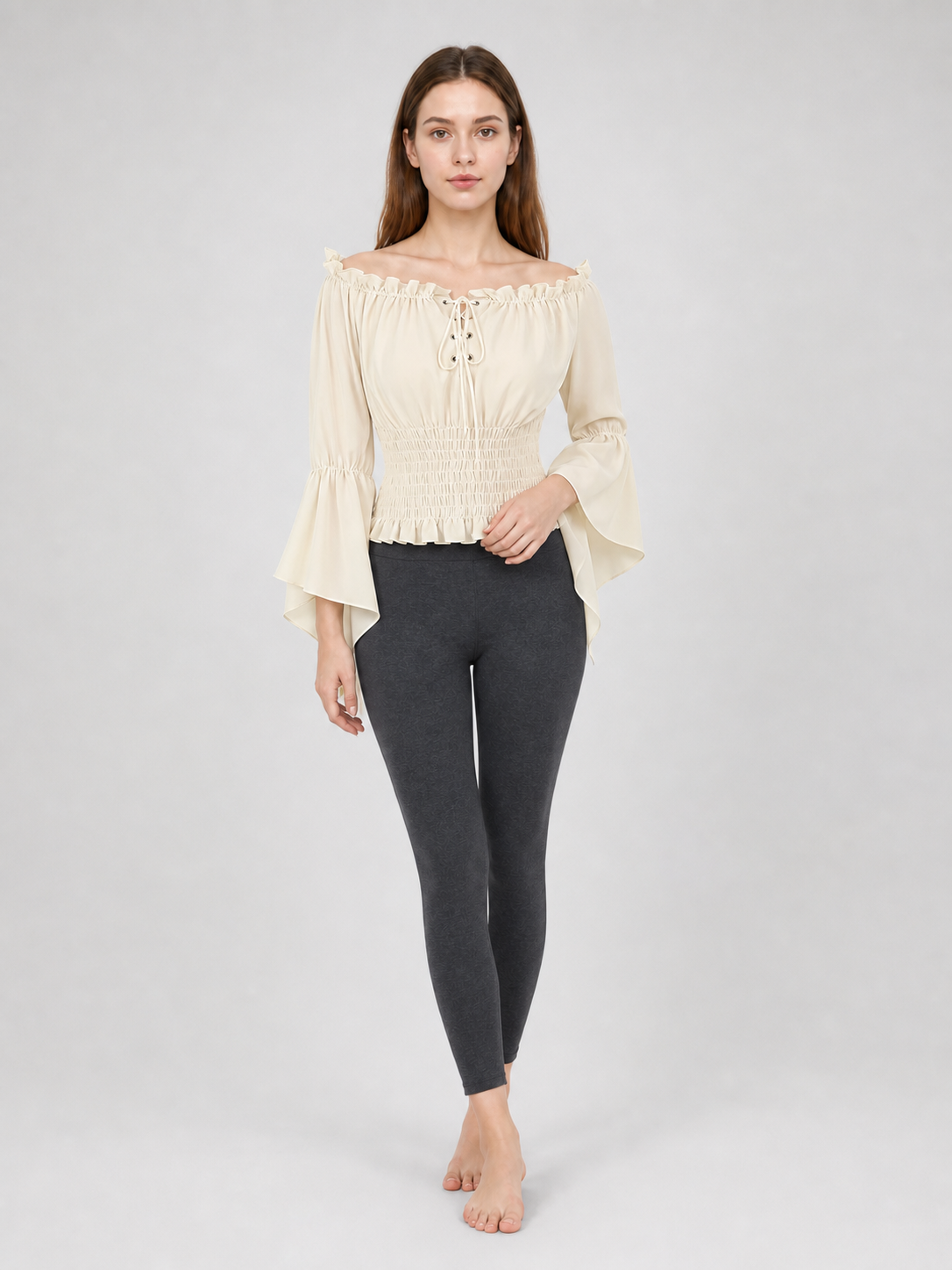 Off-the-Shoulder Lace-Up Blouse, Beige