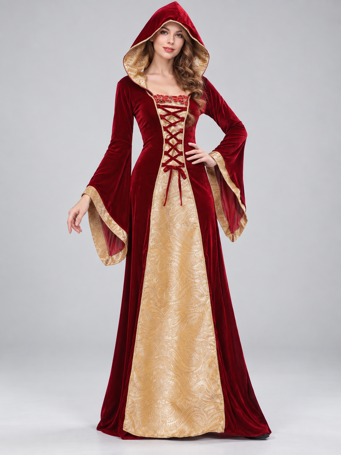 Burgundy Carnival Costume with Hood and Lacing