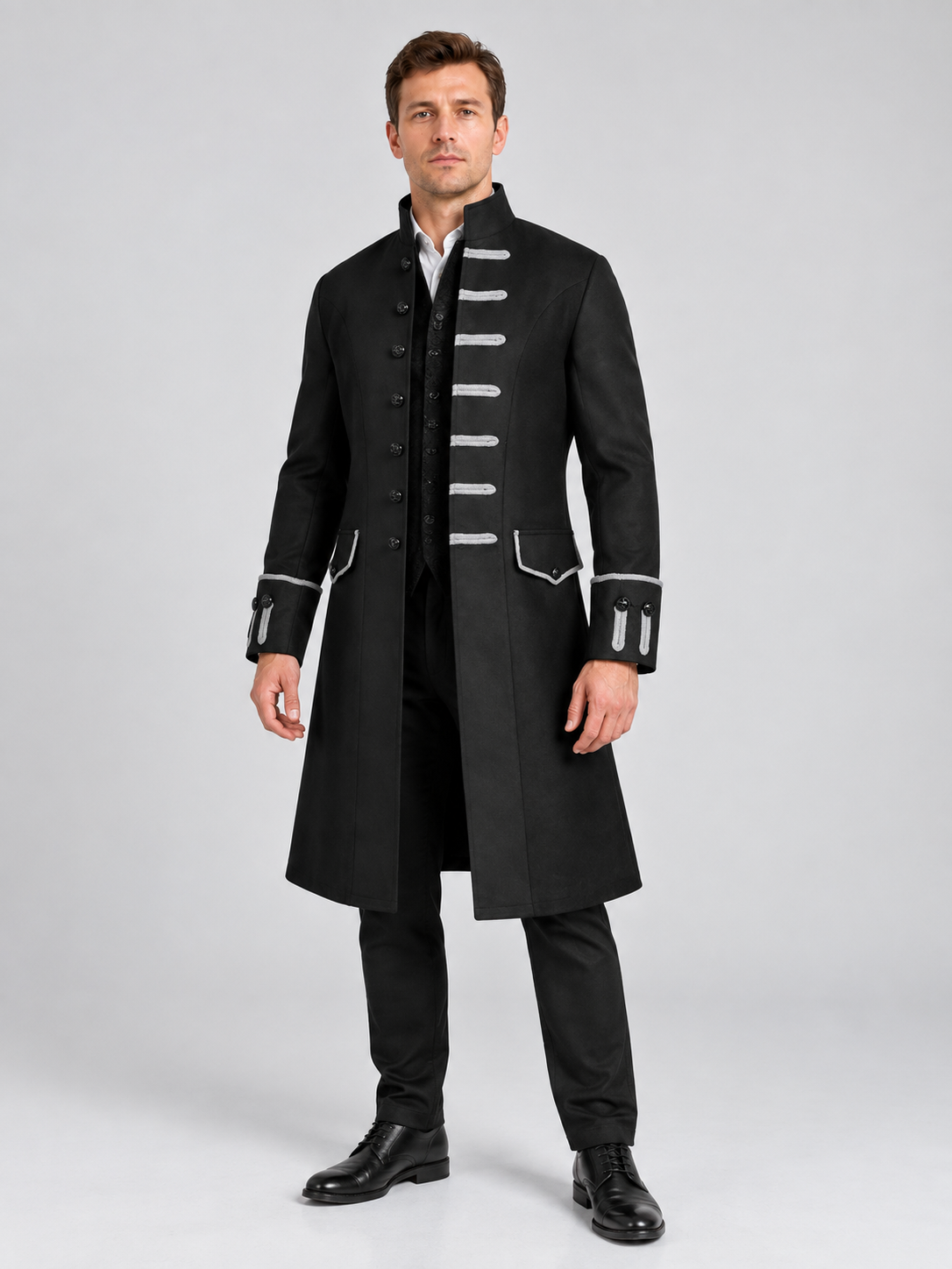 Gothic Black Long Frock Coat with Stand Collar