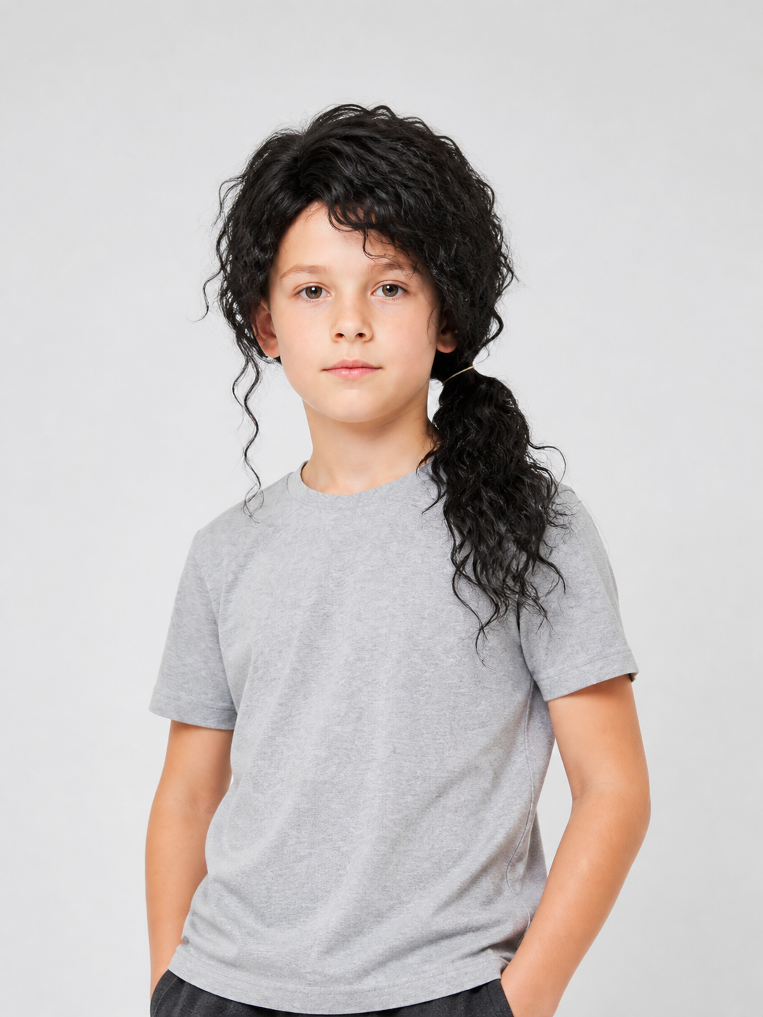 Black Long Curly Cosplay Wig with Low Ponytail Costume Wigs detail