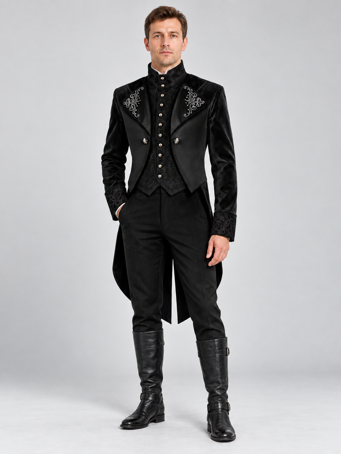 Black Tailcoat with High Collar and Silver Embroidery