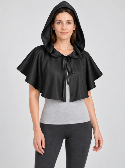Black hooded cape with no sleeves and ties