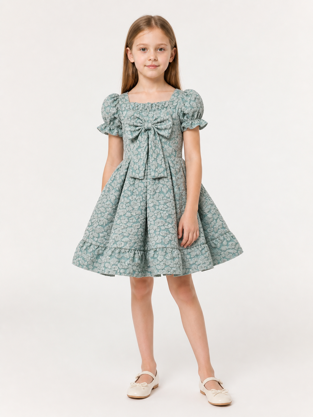 Gray-Blue Princess Dress with a Full Skirt and Bow Costume Dresses detail
