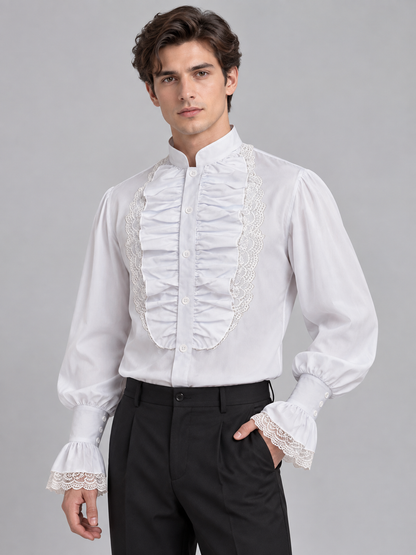 White shirt with ruffles, lace, and a stand collar