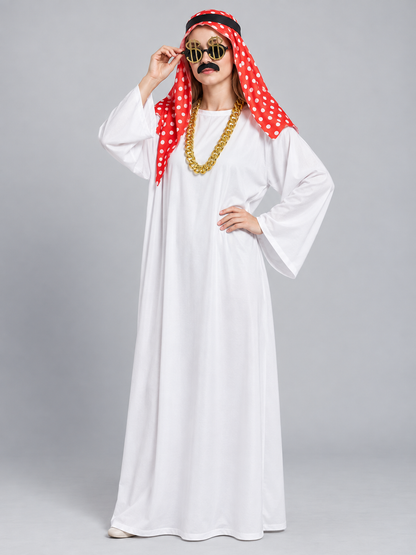 Carnival costume with a headscarf, mustache, and glasses
