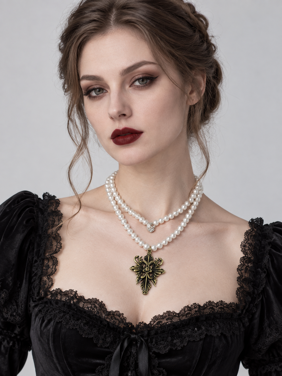 Two-Strand White Beaded Necklace with Bronze Cross