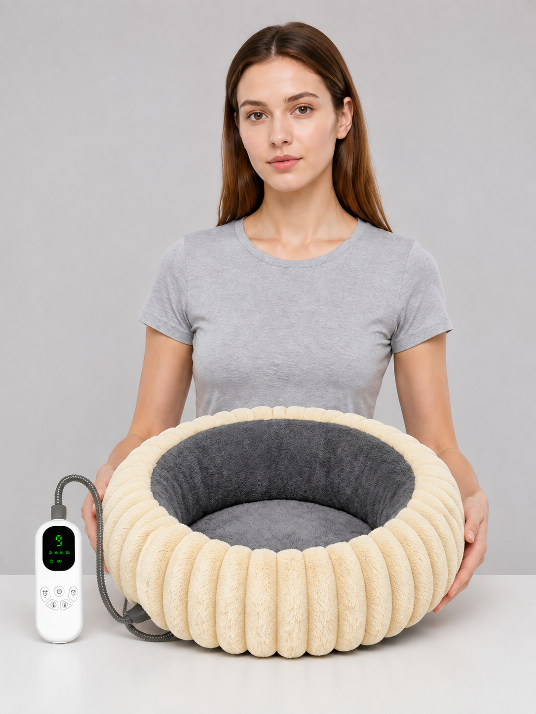 gray round heated pet bed with wired controller product image 3