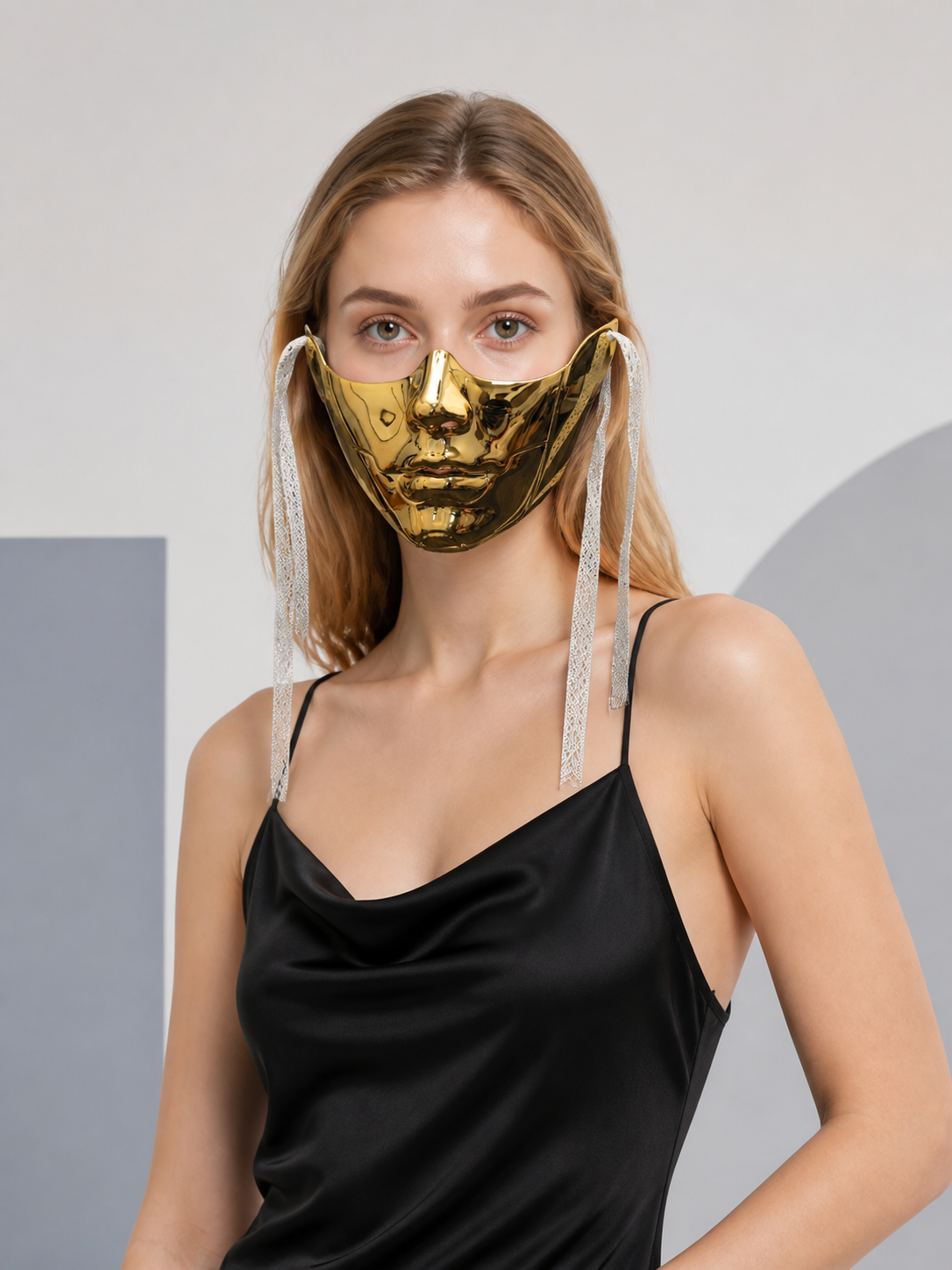 Gold and Silver Halloween Mask for Cosplay on-model front view