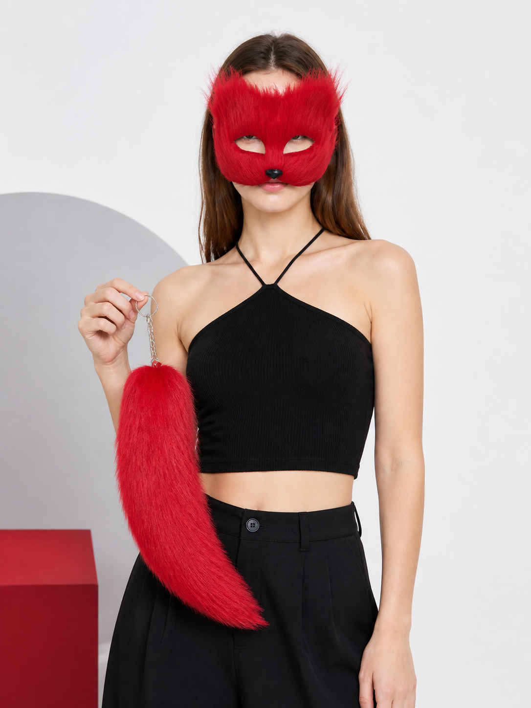Red Halloween Mask with Tail for Cosplay Costume Masks detail