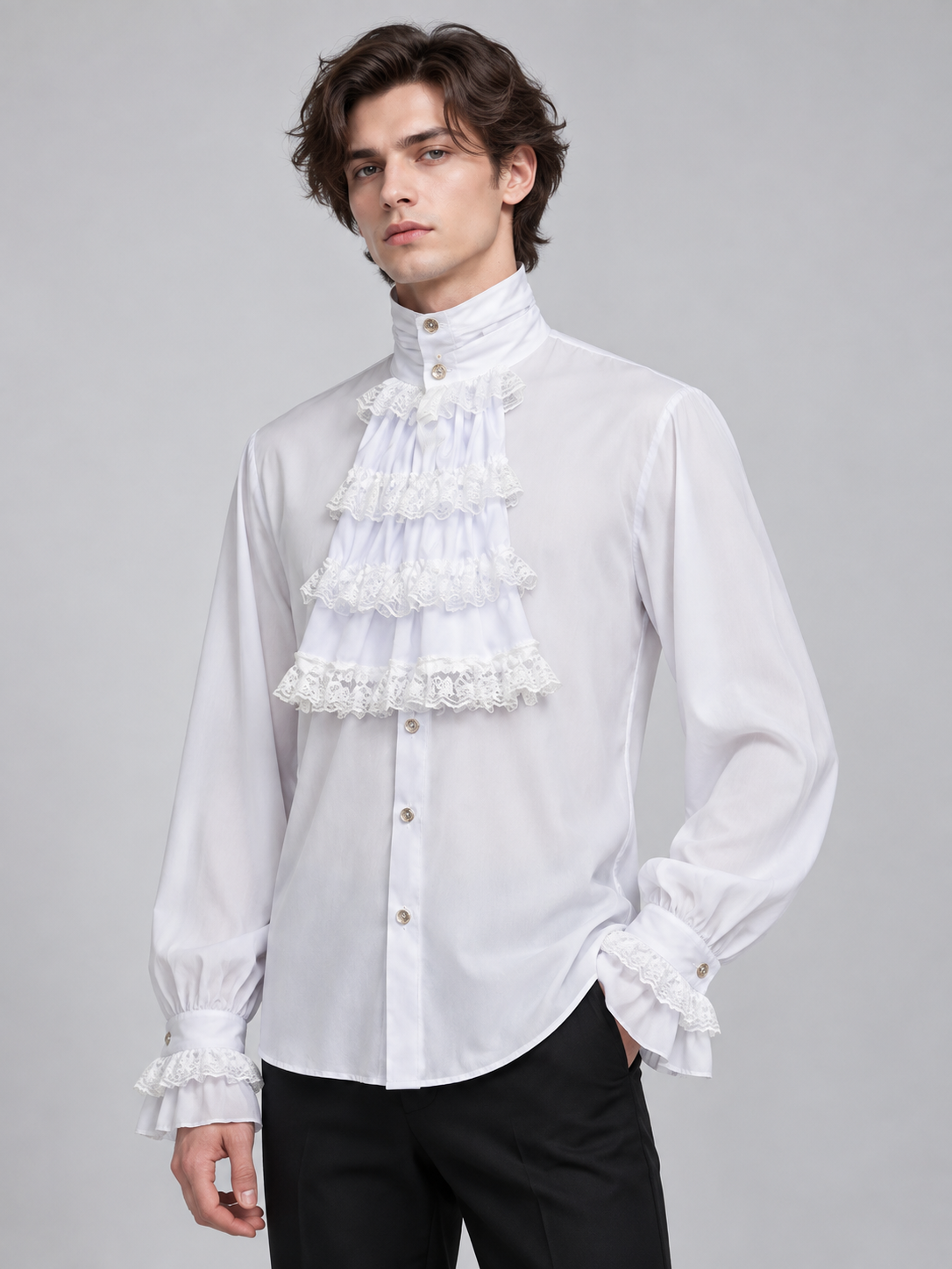 White shirt with a jabot, ruffles and a high collar