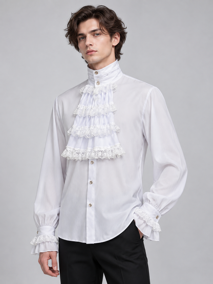 White shirt with a jabot, ruffles and a high collar