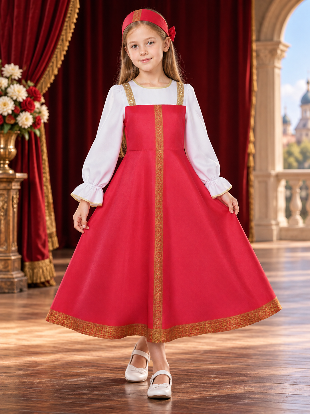 Red Folk Costume Dress for Cosplay with Gold-Tone Trim Costume Dresses detail